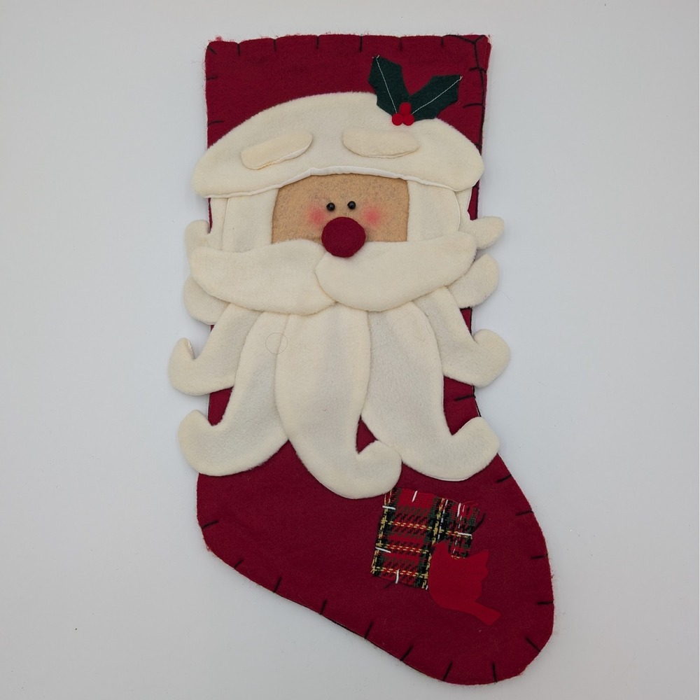 Vintage Santa Christmas Stocking Felt Applique Primitive Folk Art 17.5 Inch
